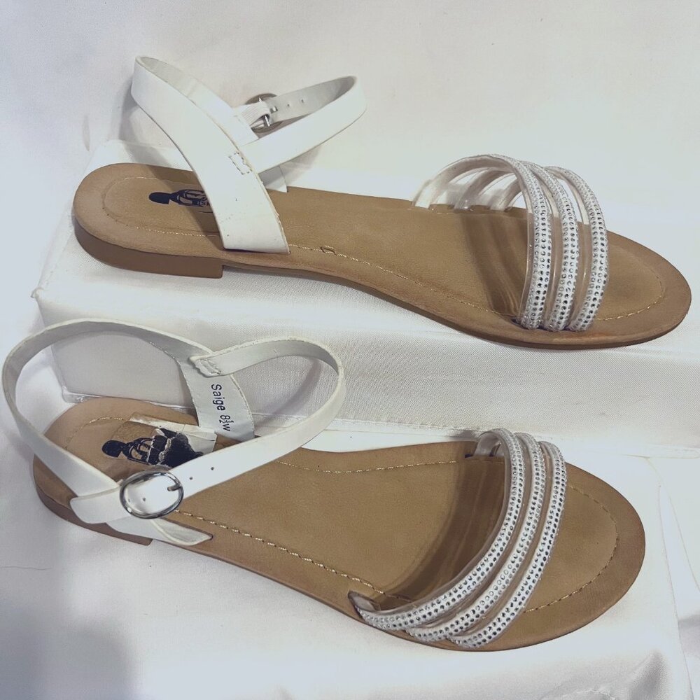 CG Shoes-Strappy White/Diamond Sparkle Women's Sandals-Size 8 1/2"-Flat-Casual